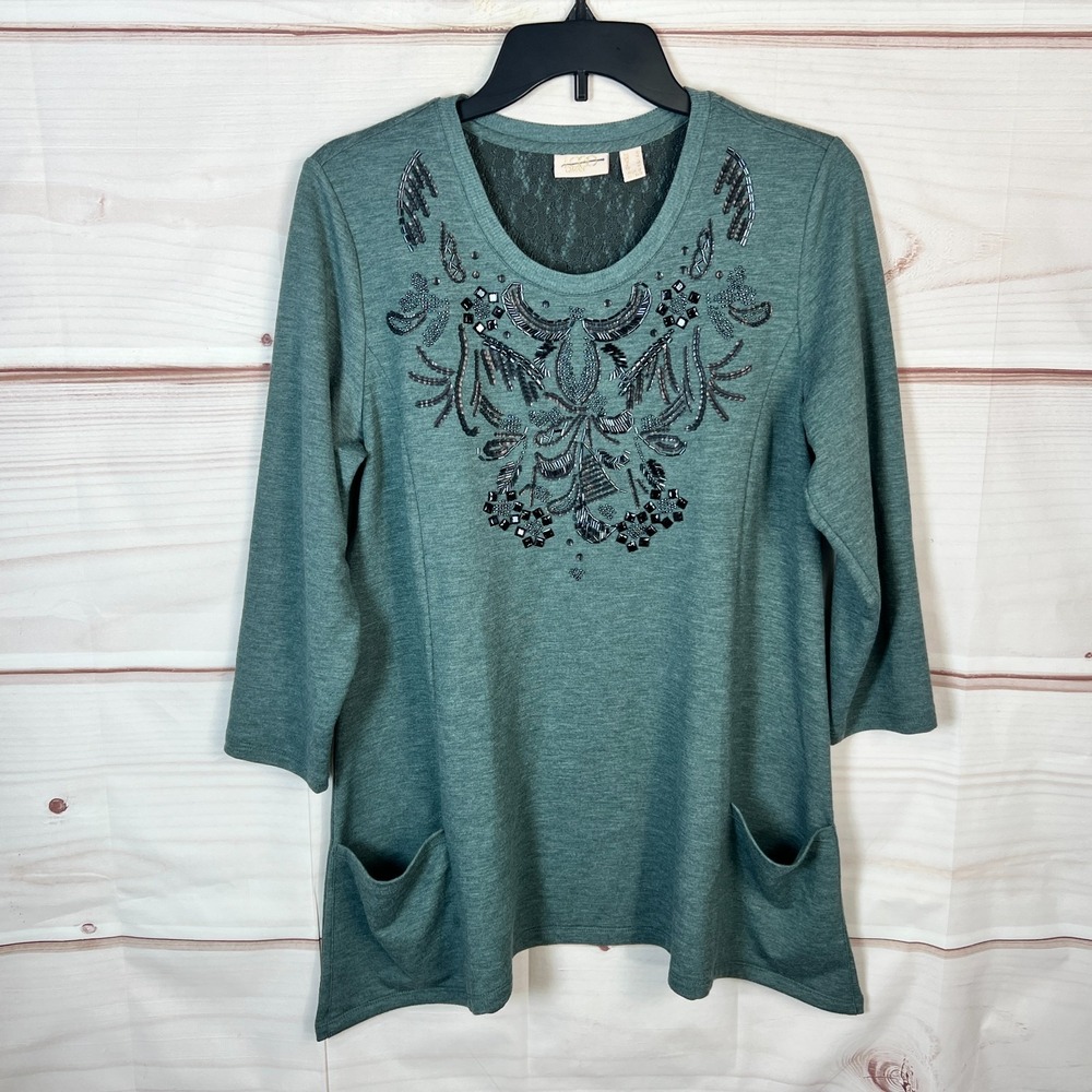 LOGO Lori Goldstein Top Womens Small Green Logo‎ Tunic Embellished Pockets Knit